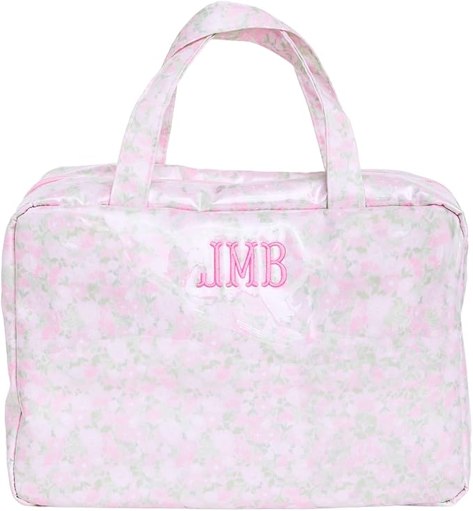 Personalized Hanging Toiletry Bag - Embroidered Travel Organizer for Women, Clear-Coated Makeup Bag with 4 Zipper Compartments, Foldable Organizer, Monogrammed Gift (Peony) by Sprinkled+With+Pink