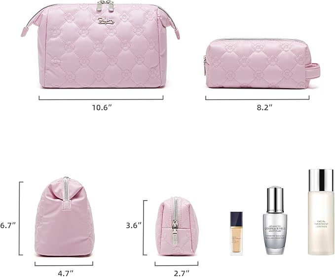 BOYATU Travel Makeup Bag Cosmetic Pouch: 2 Pcs Set Waterproof Vegan Leather Cosmetic Bags for Women - Cute Quilted Skincare Make up Toiletry Bag for Girl (01-Pink) - Image 5