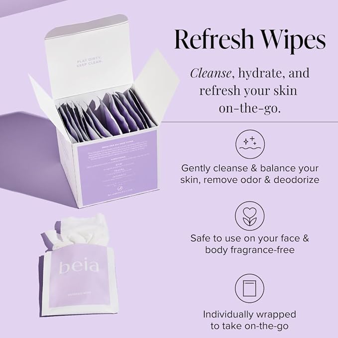 Beia Feminine Wipes Individually Wrapped - Odor Control pH Balancing Intimate Wipes for Women Hygiene with Aloe Vera & Green Tea - Fragrance Free & Vegan for Full Body & Face - 15 Refresh Travel Wipes
