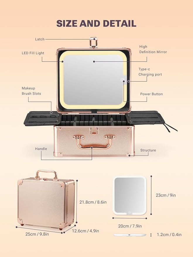 Qislee Makeup Box with A Detachable Lighted Mirror, Waterproof Travel Train Case, Cosmetic Organizer and Makeup Suitcase with Adjustable Dividers, Magnetic LED Mirror(Rose Gold) | Makeup Organizer, Cosmetic Travel Bag for Women, Adjustable Dividers, Br... - Image 3