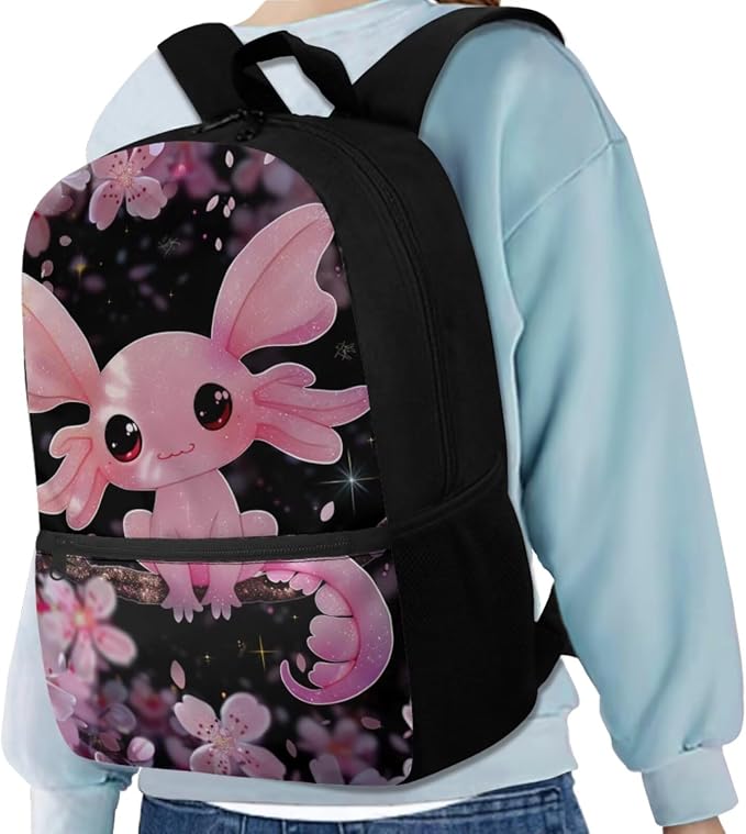 Cherry Blossom Axolotl Backpack for Girls Kids Backpack with Lunch Box Water Bottle Carrier with Strap and Big Pencil Case 4PCS Bookbag with Front Pocket for School 17 inch Sturdy School Bag - Image 2