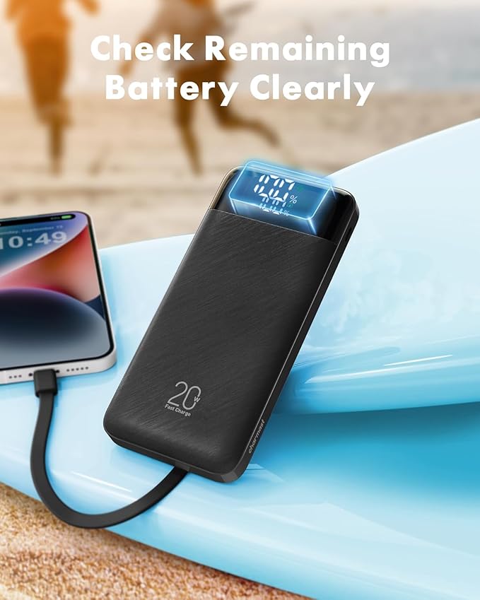 charmast 20000mAh Portable Charger with Built in Cables, 22.5W Travel Power Bank Fast Charging, USB C Cell Phone Battery Pack for iPhone 16/15/14/13/12/11 Series, iPad, Samsung, Android, Tablet