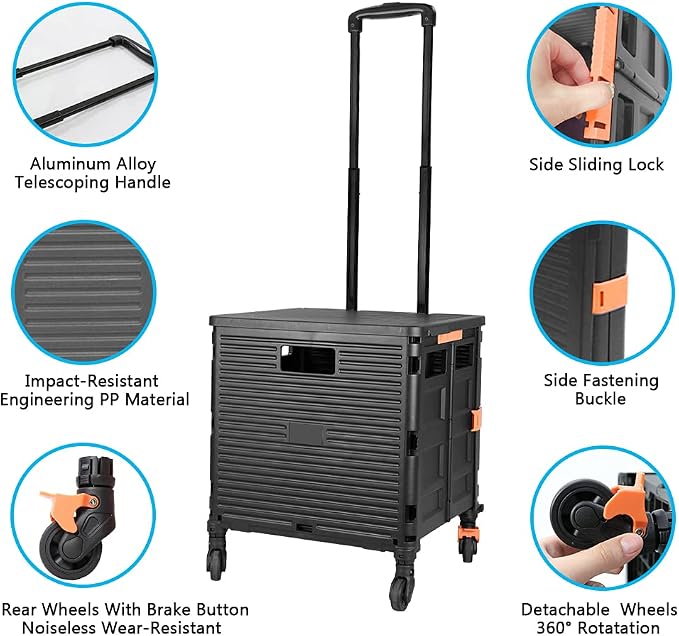 Utility Cart Folding Portable Rolling Crate Handcart with Lid Durable Heavy Duty Plastic Telescoping Handle Collapsible 360 Degree Rotate Wheels for Travel Shopping Moving Luggage Office Use,Black - Image 3