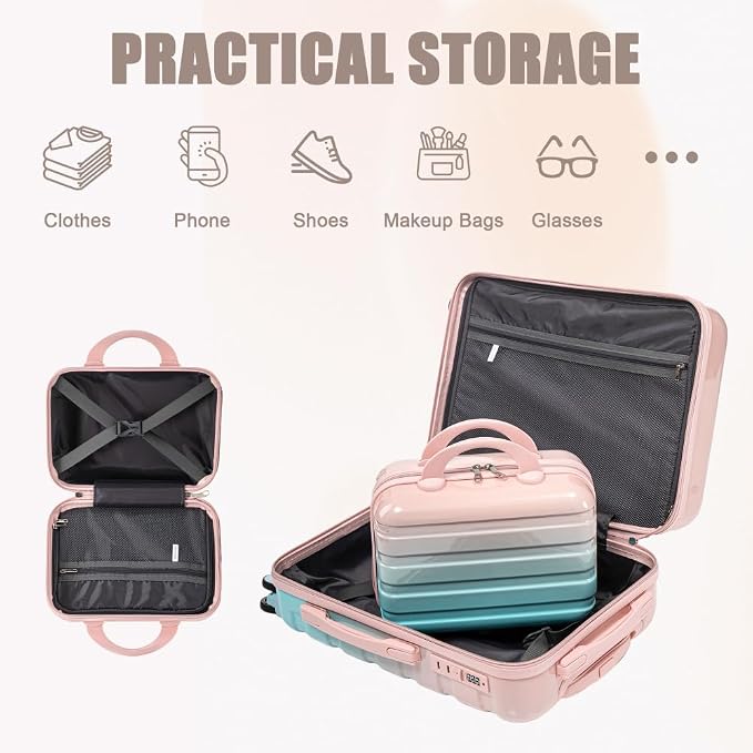 Gradient Color Suitcase 2-Piece Set, 20" Rotating Wheel Suitcase with 14" Cosmetic Case, Lightweight Durable Hardshell Luggage with 360° Spinner Wheels for Travel, Women & Girls (Blue+Pink) - Image 6