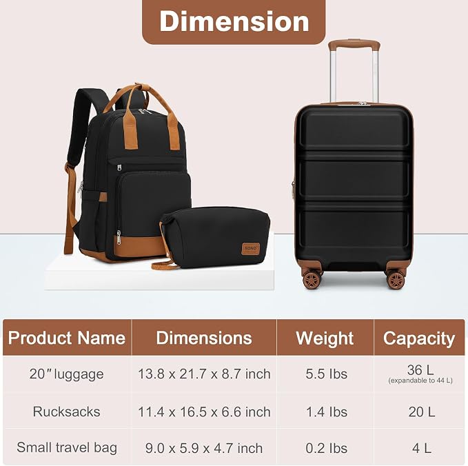 Kono Luggage Set 3 Piece Carry On Hardside Luggage with Spinner Wheels | Lightweight PC+ABS Carry On Suitcase with TSA Lock Apricot Black - Image 6