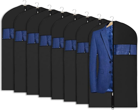Univivi 8 Pack Suit Bags 43" Waterproof Black Garment Bag, Coat Covers from Dust with Zipper and Transparent Window, for Hanging Clothes, all coats, suits, women shirts, tuxedos, uniforms, winter by Univivi