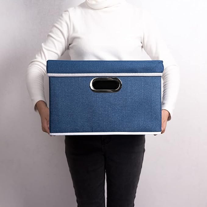 PRANDOM Foldable Storage Bin with Lid [5-Pack] Linen Fabric Decorative Storage Box Organizer Container Basket Cube with Handles Divider for Closet Office Living Room Royal Blue(14.9x9.8x9.8) - Image 7