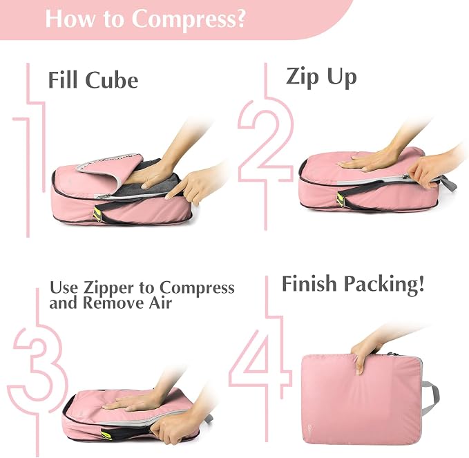 Gonex Compression Packing Cubes, 6pcs Expandable Storage Travel Luggage Bags Organizers with Shoe Bag, Clear Toiletry Bag (Pink) - Image 7