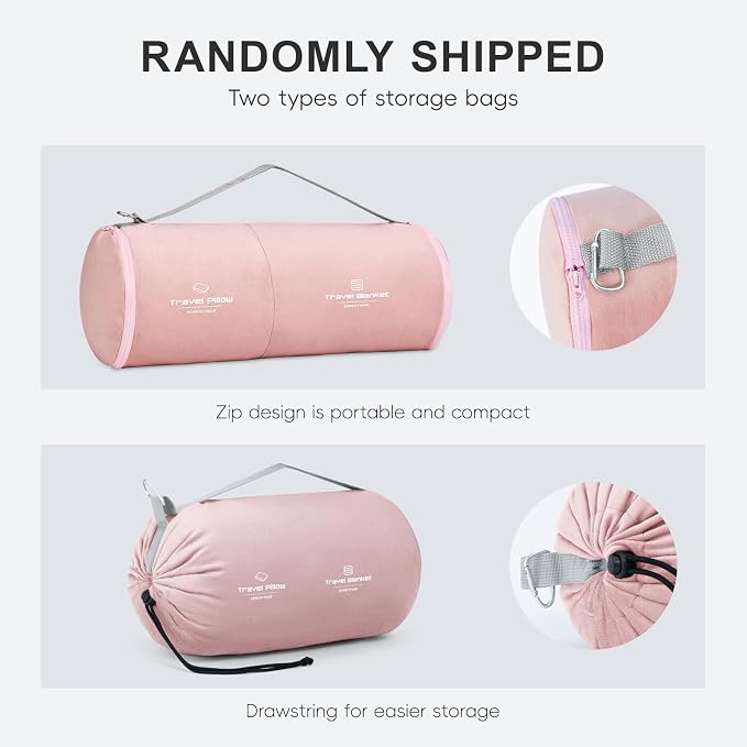 urnexttour Travel Pillow and Blanket Set Neck Pillows Soft Blankets with Sleep Mask Travel Essentials for Airplane Car Memory Foam Pink - Image 2