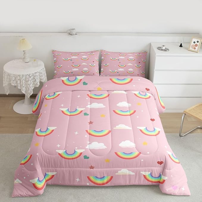 Erosebridal Rainbow Down Comforter Queen Size, Sparkly Galaxy Comforter Set for Kids Girls Boys Children Teens Women, Starry Sky Cloud Quilted Duvet Iridescent Stripes Bedding Set All-Season, Pink - Image 2