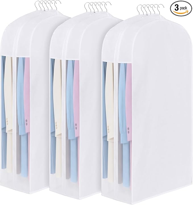 50" Premium Cotton Garment Bag for Hanging Clothes, Breathable Suit Bags for Closet Storage with Extre Large 10" Gusseted & Clear Window, Dust Cover with Zipper for Suits, Coats, 3 Pack by Kntiwiwo