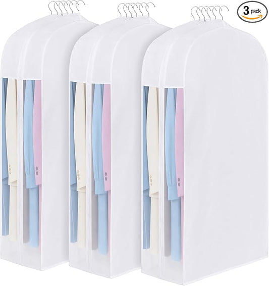 50" Premium Cotton Garment Bag for Hanging Clothes, Breathable Suit Bags for Closet Storage with Extre Large 10" Gusseted & Clear Window, Dust Cover with Zipper for Suits, Coats, 3 Pack by Kntiwiwo
