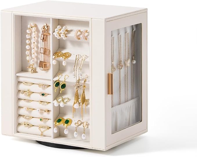 CASEGRACE 360° Rotating Jewelry Box Organizer, Jewelry Storage with 5 Drawers, Clear Window, Jewelry Display Case for Bracelets, Necklaces, Earrings, Rings, White by Casegrace