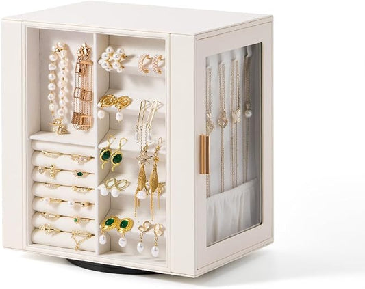 CASEGRACE 360° Rotating Jewelry Box Organizer, Jewelry Storage with 5 Drawers, Clear Window, Jewelry Display Case for Bracelets, Necklaces, Earrings, Rings, White by Casegrace