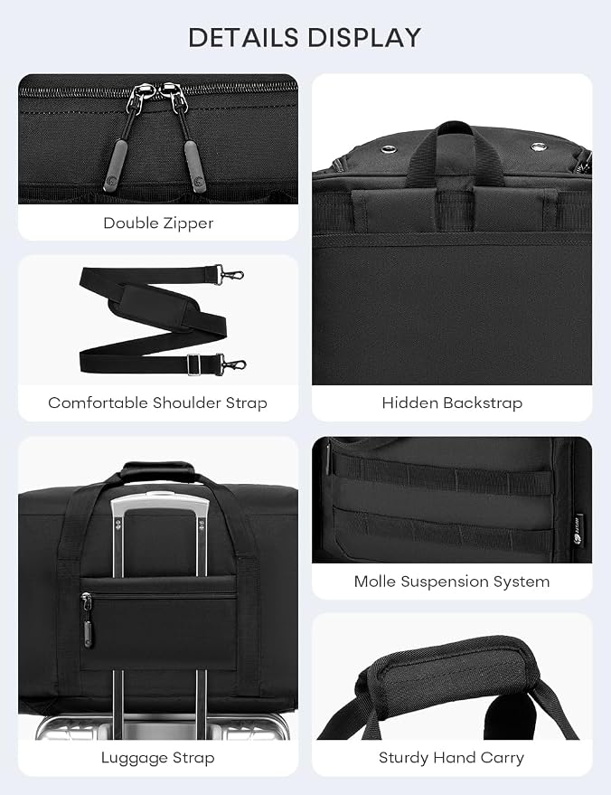 Tactical Gym Bag for Men 50L Sports Duffel Bags 3 in 1 Travel Duffel Bag with Shoe Compartment Workout Backpack Carry on Luggage 22x14x9 Airline Approved for Overnight Weekender Travel Black - Image 6