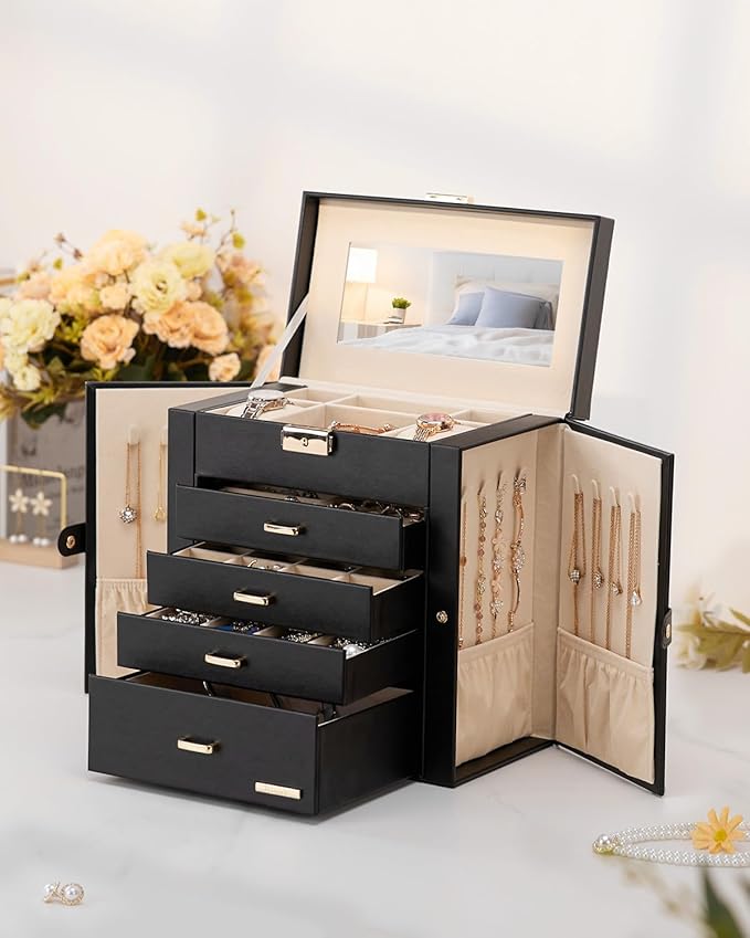 Homde Synthetic Leather Huge Jewelry Box Mirrored Watch Organizer Necklace Ring Earring Storage Lockable Gift Case (Black + Gold) - Image 8