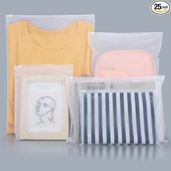 T Shirt Bags 3 Mil Thick, 5 Sizes 12x16" 10x13" 8x10" 12x8" 10x7" Pack of 25, Resealable Zip Packaging Poly Bags Durable for Business Packing Shipping Travel, Frosted, with Vent Hole by Svaldo