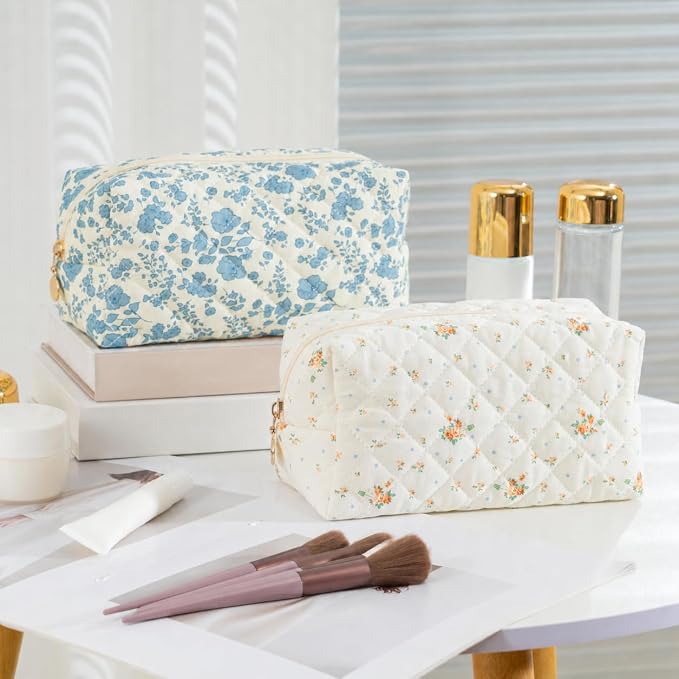 Makeup Bag Travel Toiletry Bag for Women, Small Cosmetic Bags Cute Quilted Cotton Makeup Pouch for Purse Emergency Bag Floral Pencil Case Accessory Bag, Orange Floral - Image 7