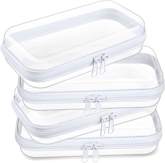 Hoolerry 4 Pcs Hard Clear Zipper Case Makeup Bags Plastic Zipper Pouch Transparent Storage Box Containers for Cosmetics, Snacks, Building Blocks, Puzzles(Clear,7.5 x 3.9 x 2 in,White) by Hoolerry