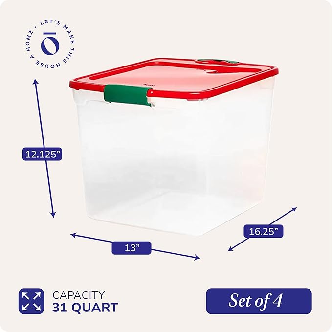 HOMZ 4-Pack Holiday Tote, Plastic Storage Organizer Bins with Lids, 31 Quart, Clear/Red - Stackable Organizing Containers for Home, Garage, and Office - Image 4