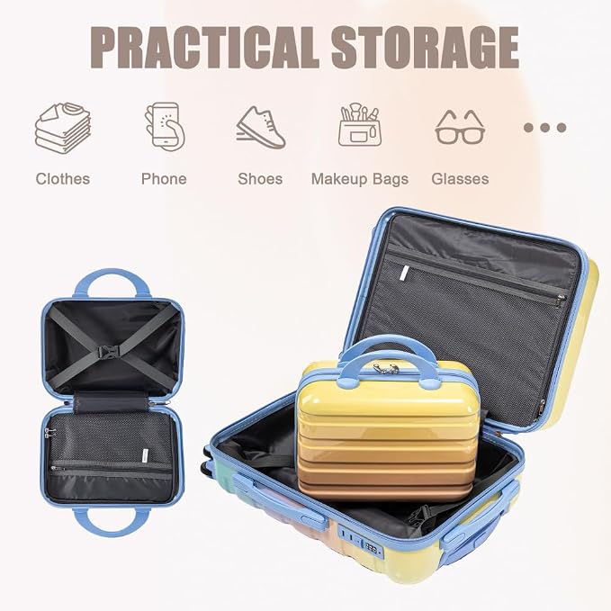 Gradient Color Suitcase 2-Piece Set, 20" Rotating Wheel Suitcase with 14" Cosmetic Case, Lightweight Durable Hardshell Luggage with 360° Spinner Wheels for Travel, Women & Girls (Blue+Yellow) - Image 6