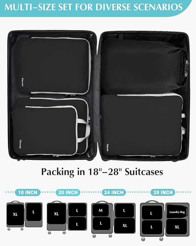 Gonex Compression Packing Cubes, 5pcs Expandable Storage Travel Luggage Bags Organizers with Laundry Bag (Black) - Image 6