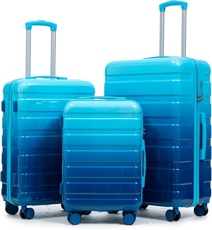3-Piece Luggage Set 20/24/28’’ Hard-shell with 360° Spinner Wheels, Gradient Color Suitcase with Combination Lock, Lightweight PC Material, (Navy+ Light Blue) by LUCCALILY