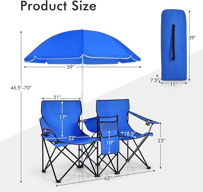 Goplus Double Camping Chair with Umbrella, Folding Loveseat Chairs w/Canopy Shade, Carrying Bag, Table, Cup Holder, Portable Beach Chairs Outdoor Picnic Patio (Blue) - Image 2