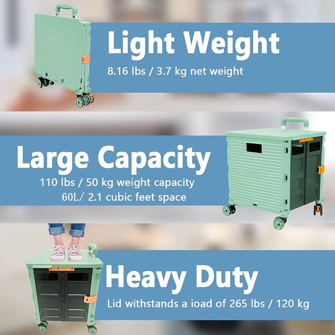 Foldable Utility Cart Portable Rolling Crate Handcart Shopping Trolley Collapsible 4 Rotate Wheels with Durable Heavy Duty Plastic Telescoping Handle for Travel Shopping Moving Storage Office Use - Image 6