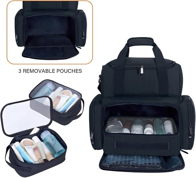 Large Makeup Bag Double Layer with 3 Removable Case,Black | Large Makeup Bag with 3 Removable Case and 2 Removable Dividers Double Layer Travel Cosmetic Makeup Brushes Storage Section - Image 5