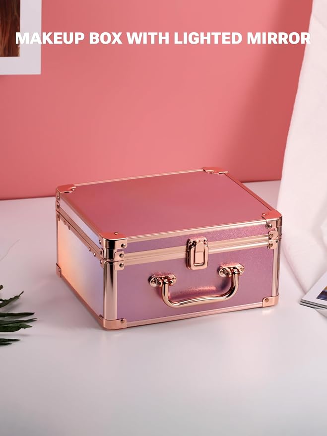 Qislee Makeup Box with Detachable Magnetic LED Mirror, Travel Train Case | Makeup Organizer, Cosmetic Travel Bag for Women, Adjustable Dividers, Brush Slots, Skincare Storage, Sparkling Gradient Pink - Image 6