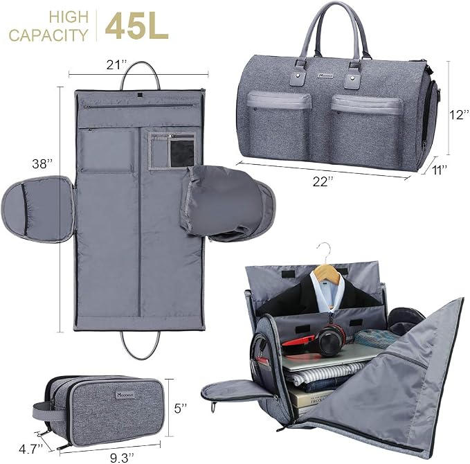 Modoker Convertible Garment Bag with Shoulder Strap, Carry on Garment Duffel Bag for Men Women - 2 in 1 Hanging Suitcase Suit Travel Bags, Grey Heather - Image 2