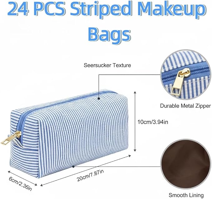 24 PACK Makeup Bags-Bulk Seersucker Cosmetic Bag for Women Bridesmaid Gifts Makeup Pouch for Wedding Party Favors Bachelorette Party Decorations Travel Toiletry Organizer Graduation Gifts(24, Blue) - Image 2