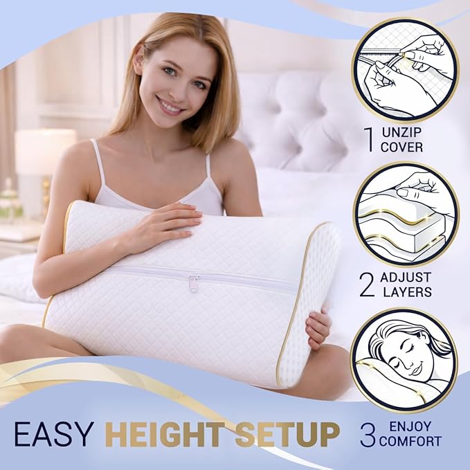 Cervical Memory Foam Pillow-(2 Pack) 4-Layer Adjustable King Size Contour Design for Side Sleepers, Neck Support & Pain Relief, Orthopedic, CertiPUR-US Certified - Image 5