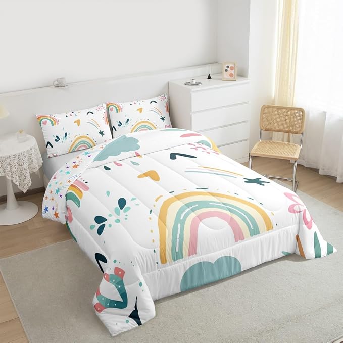 Cartoon Rainbow Comforter Set Twin, Iridescent Girly Quilt For Kids Boys Girls Women Bedroom Decor, Kawaii Flower Duvet Insert Love Heart Floral Bedding Set Rainbow Cloud Down Comforter,Colorful - Image 4