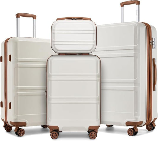 Kono 4 Piece Luggage Sets Expandable with Spinner Wheels TSA Lock | Lightweight PC+ABS Hardside Travel Rolling Suitcases 20in 24in 28in Carry on and 12in Mini Cosmetic Case Cream White by Kono