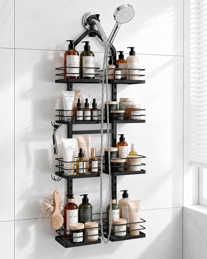 4-Tier Adjustable Hanging Shower Caddy for Handheld Showerhead, Black | Rustproof Shower Rack Baskets, Anti-Swing Hanging Shower Organizer for Bathroom Storage with 2 S-Hooks, Large Capacity by ANCHImsr