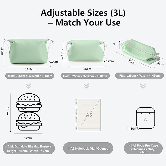Vomgomfom 3L 6.5 Inch Silicone Toiletry Bag, Waterproof Leakproof Travel Cosmetic Organizer, Adjustable G-Buckle Compression Dopp Kit, Foldable Makeup Bag for Women & Men, Green - Image 5