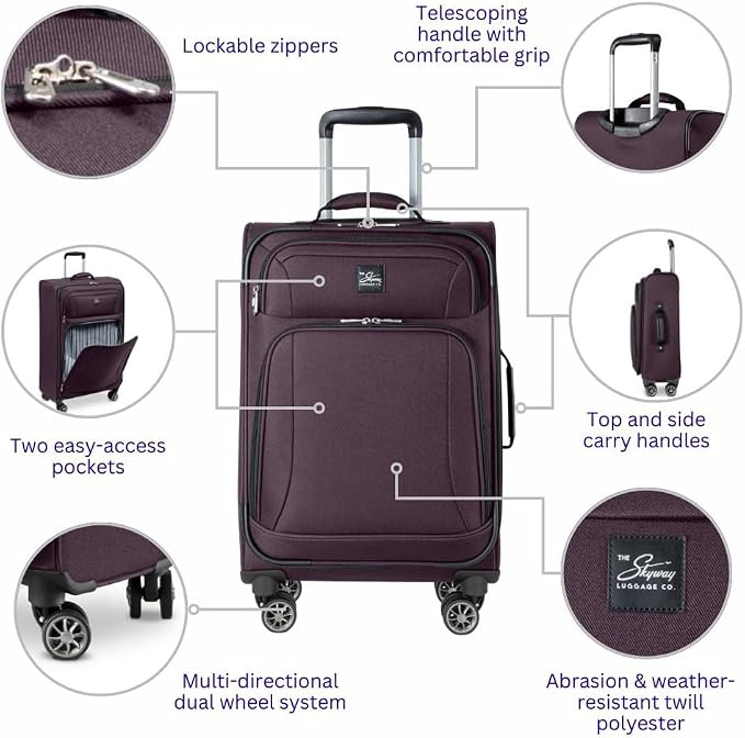 Skyway Epic Softside Medium Checked Luggage - Lightweight Suitcase with Wheels | TSA Approved Travel Bag | Spinner Suitcase | Large Luggage Set with Telescoping Handle, 24 inch, Plum - Image 2