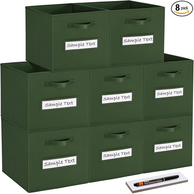 Fabric storage cubes (8 Pack) 11 Inch Cube Storage Bin, cube organizer bins with 8 Labels Window Cards & a Pen, Foldable cube organizer bins and Storage Box, Dark Green by Artsdi