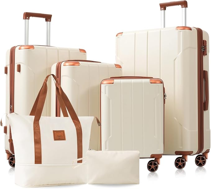 6 Piece Luggage Set Hard Shell - Brown White Expandable Suitcases with Spinner Wheels and Duffel Bags for Family Travel, Durable Carry On Luggage Sets with Lock for Women and Men by Unknown