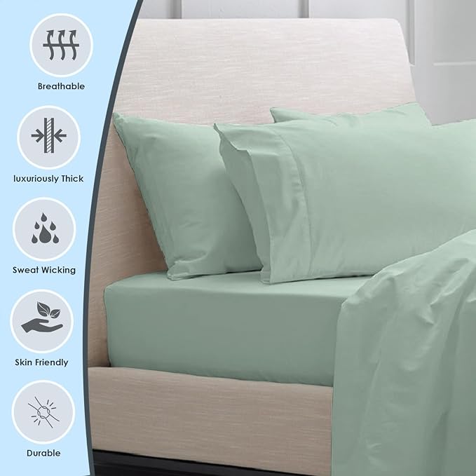 Pizuna Pure 100% Luxury Cotton Queen Size Pillow Case Sea Foam, 1000 Thread Count 100% Long Staple Cotton Sateen Pillowcase, Pillow Covers with Stylish 4" Hem (Combed Cotton Pillowcase) - Image 2