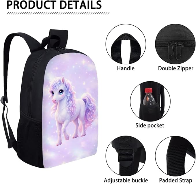 Forchrinse Horse Backpack and Lunch Box for Girls 8-10 3 PCS Bookbag with Lunch Bag Pencil Case Elementary School Back Pack Kids Primary Book Bags - Image 7