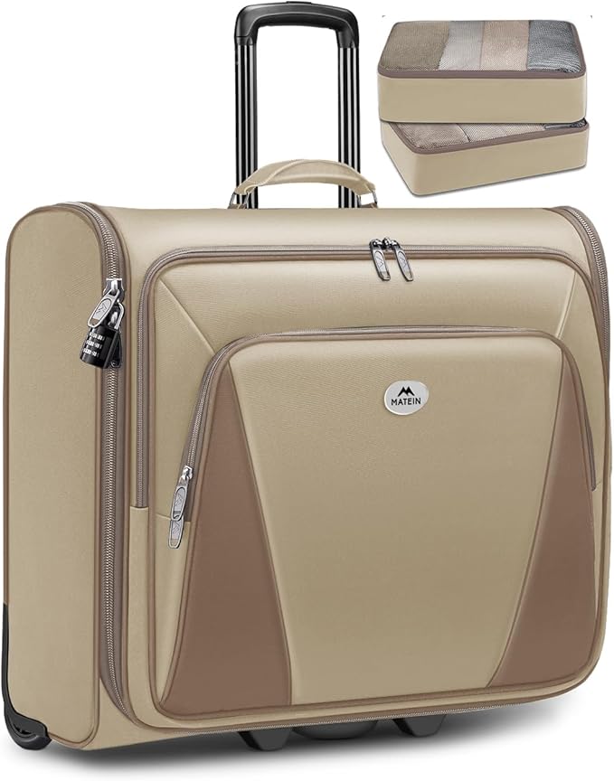 MATEIN Garment Bag with Wheels For Women, Large Wheeled Garment Bag, Khaki | For Hanging Clothes, 2 Packing Cubes, Softside, Foldable Travel Suit Carrier, Business Suitcase Luggage, Fits 17" Laptop by MATEIN