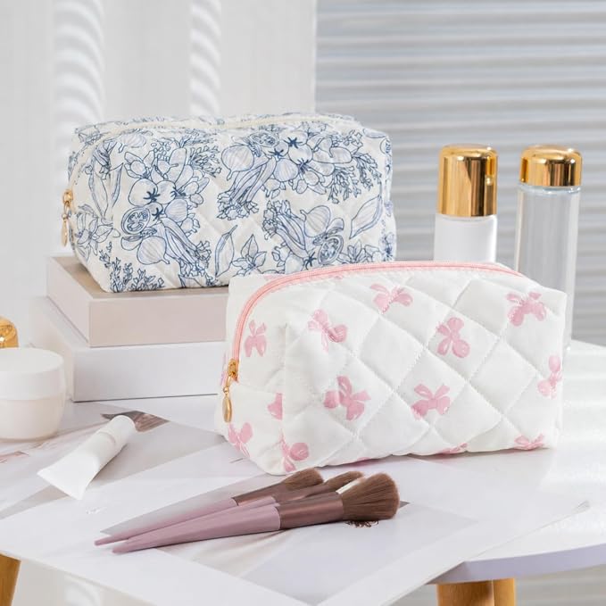 Makeup Bag Travel Toiletry Bag for Women, Small Cosmetic Bags Cute Quilted Cotton Makeup Pouch for Purse Emergency Bag Pencil Case Accessory Bag, Light Cyan - Image 7