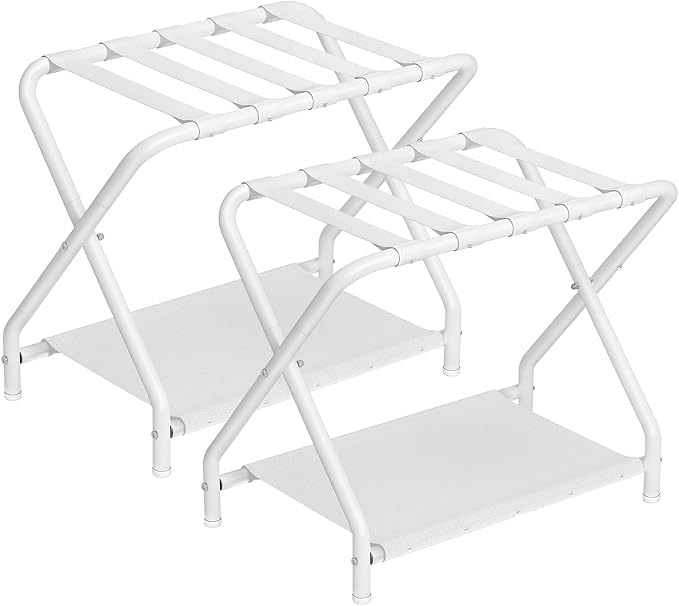 HOOBRO Luggage Rack, Pack of 2, Folding Suitcase Stand with Fabric Storage Shelf for Guest Room, Bedroom, Hotel, Holds up to 100 lb, 27 x 15.3 x 22 Inches, Space Saving, White WT04XLP201 by HOOBRO