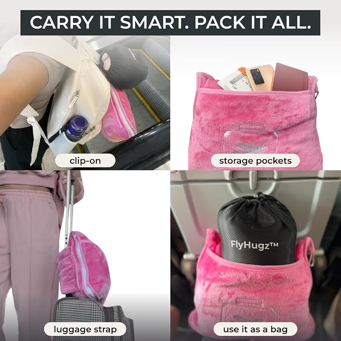 FlyHugz Pink Travel Blanket & Pillow Set (59.1"x47.2") with Carry Case, Luggage Sleeve & Clip – Portable, Lightweight, Breathable & Washable – Perfect for Plane, Car, Camping & Travel - Image 3