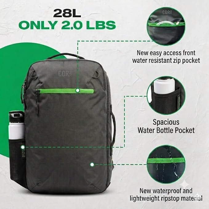 COR Surf Island Hopper 2.0 Travel Backpack, 28L Matte Black | Underseat Carry On Backpack for Men & Women, Clamshell Opening, Hidden Passport Pockets, Water Resistant, Laptop Sleeve - Image 2