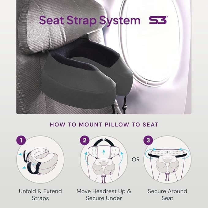 Cabeau Evolution S3 Travel Pillow - Memory Foam Neck Pillow for Airplane and Long Flights with Seat Straps for Head and Neck Support, 360 Degree Support (Steel Grey) - Image 4