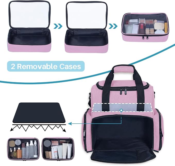 Large Makeup Bag with 2 Removable Case Cosmetic,Pink | Large Makeup Bag with 2 Removable Case Multifunctional Cosmetic Bag Double Layer Travel Toiletry Organizer - Image 4